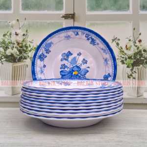 SPESIAL PIRING MELAMIN BESAR 23CM MODEL CEMBUNG MOTIF KEMBANG BIRU KUALITAS TEBAL FOOD GRADE