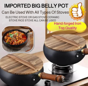 Imported Big Belly Pot Zhangqiu Handmade Iron Pot Household Cooking Pot Milk Pot Traditional Forged Polished Hammer Pattern Non-stick Pan 手工锻造章丘铸铁大肚锅