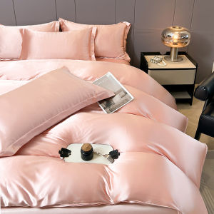 Dansunreve Stain Silk Bedsheet Set 4IN1 Luxury Plain Soft Bedsheet with Duvet Cover Fitted Bed Sheet Soft Bedding Set