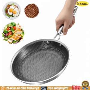 304 Stainless Steel Frying Pan with Handle Non-Coated Honeycomb Surface for Easy Steak and Egg Preparation