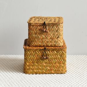METALIX Sea Grass Wicker Shelf Baskets with Lid Weaving Storage Bins Eco-Friendly Handwoven Storage Box Home Organizer