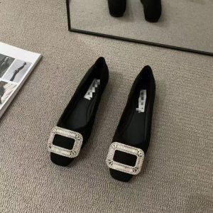 Free Shipping Square-Toe Rhinestone Flat Shoes With Soft Soles Slip-On Style 2026 Autumn New Collection Square-Toe Design Soft Upper Soft Soles Shallow-Cut Single Shoes For Women