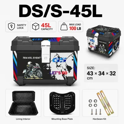 Motorcycle roof box 45L Motorcycle trunk top box for Cargo storage top box Single-lock type Large capacity Tail box ABS trunk with reflective strips