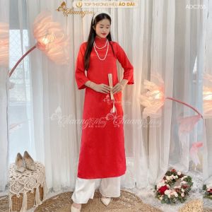 Áo dài cách tân nữ gấm đỏ tươi dáng suông xưa Chaang may sẵn áo dài bầu xuông rộng dự tiệc cưới lễ tết đẹp ADC755