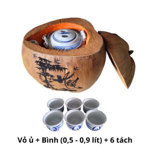 Bộ bình ủ trà trái dừa khắc chữ "Hiếu" / Bình trà 04 - 09 lít / Giữ ấm 3 - 6 giờ / Sản phẩm sản xuất thủ công trứ danh xứ dừa Bến Tre