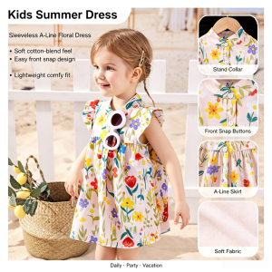 AILEBE Kids Dresses Sleeveless A-Line Dress With Front Snap Easy On Off Lotus Leaf Ruffle Cuffs Cute Cartoon Print Soft Cotton-Blend Summer Wear Widened Hanging Line Comfy Fit OOTD Pambahay For Baby Girls 0-13 Years Perfect For Daily Birthdays Parties