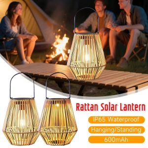 FEELDG Waterproof Rattan Solar Lantern Solar Powered Standing/Hanging Bamboo Chandelier Lamp Retro Bamboo Frame Weaving Lantern Outdoor Garden Yard