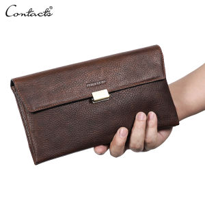 CONTACTS Genuine Leather Mens Clutch Bag RFID Wristlets Wallet Bag Large Capacity Phone Pocket Male Long Purse Credit Card Holder