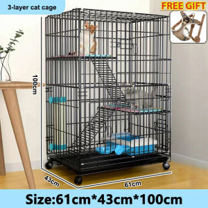【Sulit】Cat Cage Villa Large Space 4 Layer Pet Cage Foldable Sturdy Pet Furniture Cat Cages with Wheels house with toilet Black/WhiteIron cage
