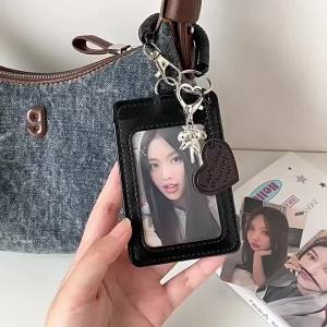Korean Style PU Card holder with cat pendant idol photo card display case student ID card bus card meal card cover