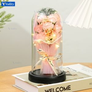 Artificial Eternal Rose Flower in Glass Dome with LED 7PCS Rose Flower Bouquet Birthday Xmas Gift