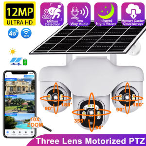 4G Solar CCTV Camera with 3 Lens 12MP for Farm Security 10X Zoom PTZ Two-Way Audio Outdoor Waterproof IP Camera