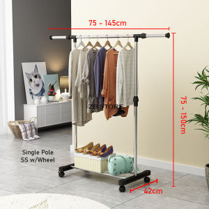 (Local STOCK) Adjustable Single & Double Pole Clothes Rack Stand Drying Rack Clothing Portable Hanging with Wheels