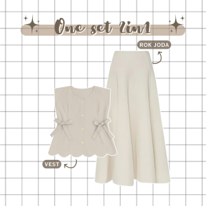 One Set 3IN1 Wanita Kekinian Hijab Vest Korean Style & Kemeja Basic Putih & Rok Joda Cream 64A