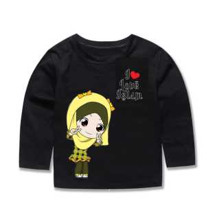 kaos atasan oblong anak perempuan lengan panjang motif hijab kuning 2-10 thn