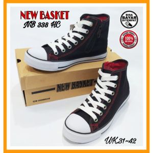 NEW BASKET Sepatu Sekolah Kuliah Kerja Cowok Cewek NB HC Tinggi Tali Resleting Hitam Merah 34 sd 43