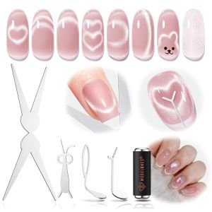 Modelones 5PCS French Cat Eye Magnet Set Scissor-Shaped Nail Magnet Tool 2 IN One Cateye Nail Magnet for French Effect Hole&Bunny-Shaped&Heart Magnet for Cat Eye Gel Polish DIY Valentines Nail Salon