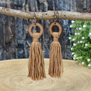 Salime Bohemian Vintage Style Fringe Pendant Wood Circle Design Long Necklace Earrings Jewelry
