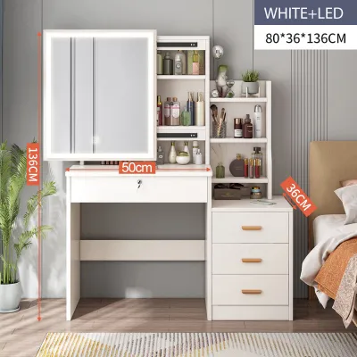 Meja Rias LED Putih Kaca Geser Minimalis Meja Dandan Modern dengan Laci dan Rak Penyimpanan Serbaguna