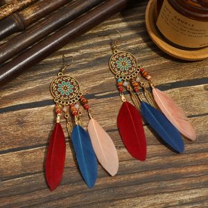 Ethnic Style Bohemian Feather Dangle Earrings Zinc Alloy Bohemia Style Feather Tassel Earrings Ins Colorful Beads Boho Drop Earrings Women