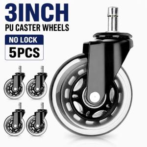 5Pcs 3inch Transparent PU Swivel Caster Wheels Without Brake Grip Ring Stem 11mm Diameter Heavy Duty Silent Replacement Casters for Office Chair Gaming Chair Hard Floor Protection