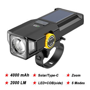 Đèn xe đạp 4000mAh 2000LM Thu phóng Đèn trước Xe đạp Năng lượng mặt trời Đèn LED nổi bật với COB Đèn bên màu đỏ Đèn đi xe đạp bền2026