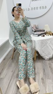 Đồ bộ Tolen Cổ viền tay dài hoạ tiết in hoa nữ