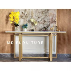 Meja Konsul Gold Top Marmer Putih Carrara