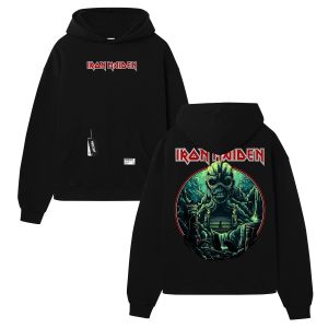 Sweater Hoodie Pria Boxy Oversize Iron Maiden Keren Bahan Fleece Tebal 300Gsm Warna Hitam Motif Streetwear Musik Rock Klasik