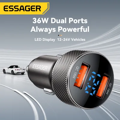 Essager 36W Digital Display Dual USBA Car Charger Fast Charging USB-A QC3.0 For iPhone 16 15-5 Huawei Samsung Xiaomi15 Trucks Pickups SUVs Vans QC18W Dual USB A Digital Display Car Chargers