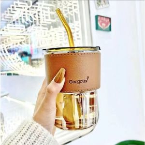 แก้วกาแฟ 400ml สไตล์มินิมอล พร้อมหลอดแก้ว ฝาปิด ปลอกหนังกันร้อน มี2สี