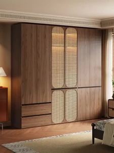 Wardrobe Middle Ancient Style Home Bedroom Solid Wood Wardrobe Segmented Concealed Handle Storage Cabinet