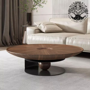 Bàn trà sofa bàn phòng khách bàn cafe nội thất nhập khẩu mẫu bàn mặt tròn gỗ khối chân thép cao cấp bi tròn