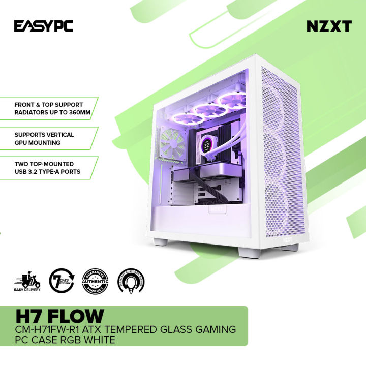 EASyPC, NZXT H7 Flow CM-H71FB-R1 ATX Tempered Glass Gaming PC Case RGB  Black or White Intuitive cable management system Tool-less access  Perforated front & top panels