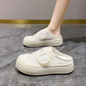 Giày lưới trắng có khóa dán cho phụ nữ giá khuyến mãi 2024 Giày thể thao mùa hè mới đế dày giày lười mũi lớn giày lưới 34 Cỡ