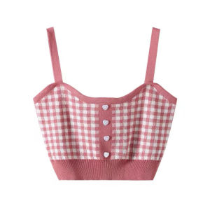 🦋 VEVE Korean Style Women Summer Plaid Tank Casual Sleeveless Knitted Crop Top