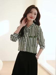 AMMIN 2024 แฟชั่นคอตั้งเรียบง่าย ฤดูใบไม้ & ฤดูใบไม้ร่วงเสื้อเบลาส์ผ้าชีฟอง สำหรับผู้หญิงพิมพ์ลายแนวที่เกาหลียาว