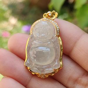 Premium Icy Translucent Natural Type A Jadeite Jade crafted as Standing Milo Buddha set on 18k gold with diamonds as Pendant certificate included weigh 6.56 grams measurement 37.5 * 19.7 * 9 mm (18kp27)