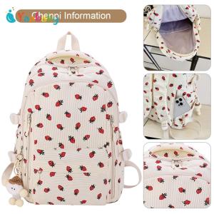 Women Kawaii Casual Backpack with Pendant Corduroy Simple School Backpack Multi-Pockets Students Daily Backpack