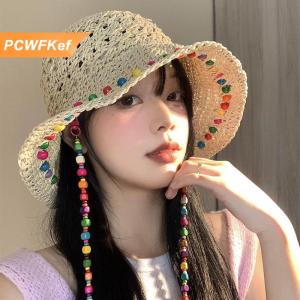 【PCWFKef】 Thời trang đầy màu sắc hạt gỗ mũ rơm cho phụ nữ trong mùa hè với lớn Hollow vành Sun hat có thể gập lại ngư dân hat