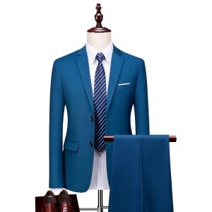 GUKENRO 2PCS Suits Set for Men High End Pure Color Slim Fit Formal Dinner Dress Groom Wedding Classy Classical Male Blazer