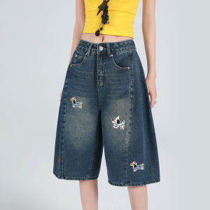 JIAQI กางเกงขาสั้นยีนส์ American Embroidery Dog สำหรับผู้หญิง เอวสูง ขากว้าง ทรงตรง หลวมๆ กางเกงขาสั้นสำหรับฤดูร้อน ปี 2025 กา