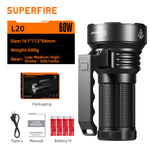 SUPERFIRE L20 Powerful 60W Handheld Flashlight Ultra Brightness 5000LM LED Work Light Emergency Light Rechargeable 8800mAh Self Defense Torch