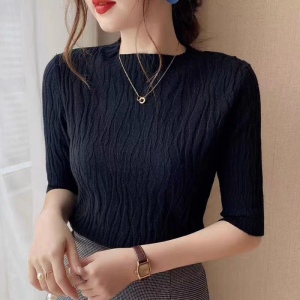 Knitted Blouse Plus Size for Women Korean Style Casual High-Neck Striped Short-sleeve Tops