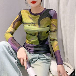 Yimei thanh lịch in lưới Áo sơ mi mặc trong thời trang nữ 2023 dài tay mới trang phục mùa xuân Top cổ tròn đẹp của phụ nữ t-shirt