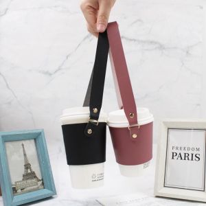 LYMEDIA Leather Water Bottle Sleeve Bag Handle Portable Coffee Cup Holder Waterproof Beverage Cup Bag Sling Carrier Pouch