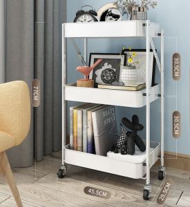 KITCHN Kitchen Storage Trolley with Roller Wheel Stainless Steel Tray Kitchen Rack Storage Office Rack Dapur Storage