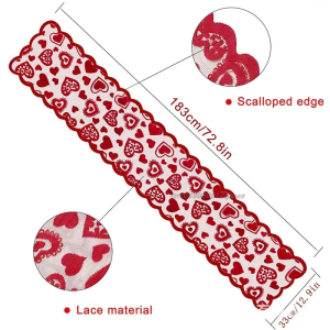 แผ่นรองจานวิ่งโต๊ะลูกไม้หัวใจสีแดง33X183cm สำหรับปาร์ตี้งานแต่งงานเจ้าสาวบ้านผ้าปูโต๊ะตกแต่งโต๊ะวันวาเลนไทน์