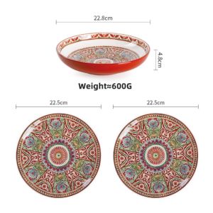 OMK American Style Underglaze Ceramic Dinnerware Set Dinner Plate Deep Dish Salah Bowl Tableware Set Red Moroccan Style