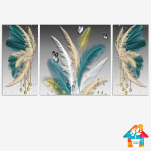 RUNABEE HIASAN DINDING SET BESAR 3 IN 1 ABSTRAK 3D FEATHER GREEN AND GOLD PAJANGAN DINDING KAYU